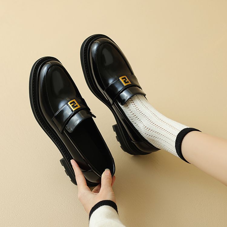 Deep Mouth Flat Shoes Women's Cow Leather Slip-On Mid Heel Square Heel 2024 Fall