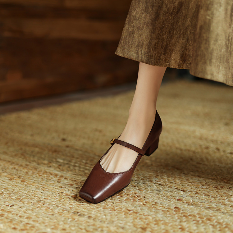 Korean Style Women's Flat Shoes - Square Toe, Buckle Strap, Cow Leather, Spring 2025