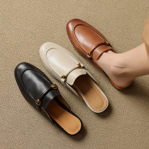 Minimalist Leather Closed-Toe Slippers with Buckle and Chunky Mid Heel - Style c.html