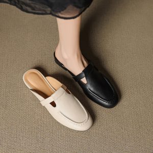 Minimalist Leather Slippers with Belt Decoration and Chunky Mid Heel