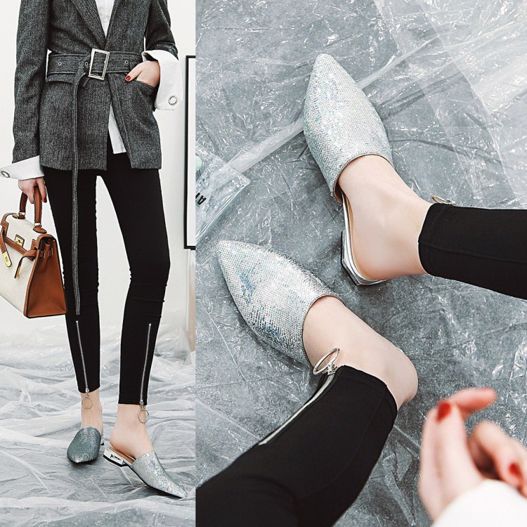 Sequin Pointed Toe Flat Mule Slippers