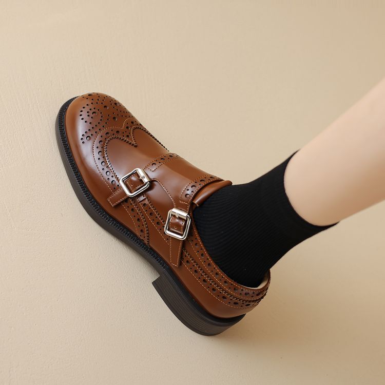 Women's Deep Mouth Flat Brogue Shoes in Genuine Leather