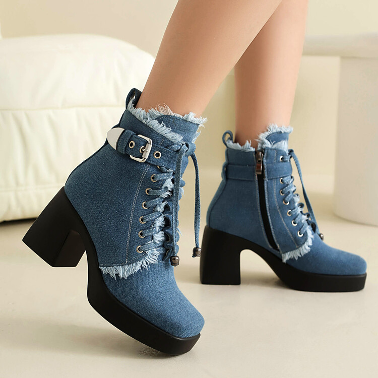 Women's Fashion Ankle Boots with Chunky High Heel and Side Zipper