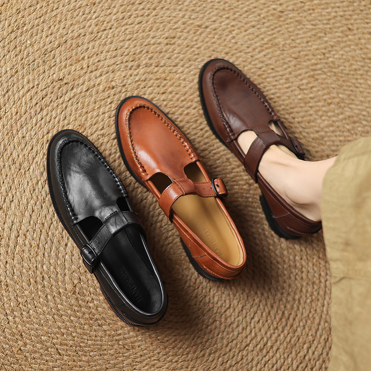 Women's Minimalist Leather Flat Shoes Low Chunky Heel Round Toe Slip-On
