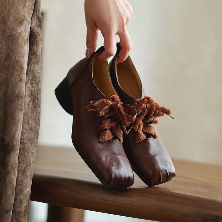 Women's Square Toe Block Heel Pumps in Black or Brown